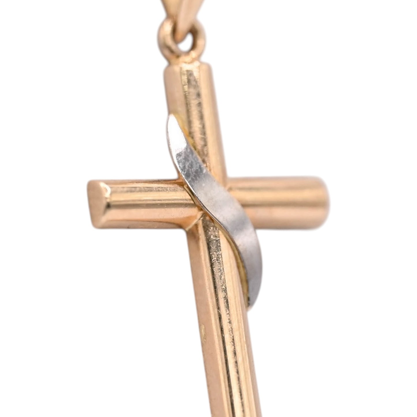 Two Tone Draped Tube Cross Pendant 14K Yellow Gold and 14K White Gold