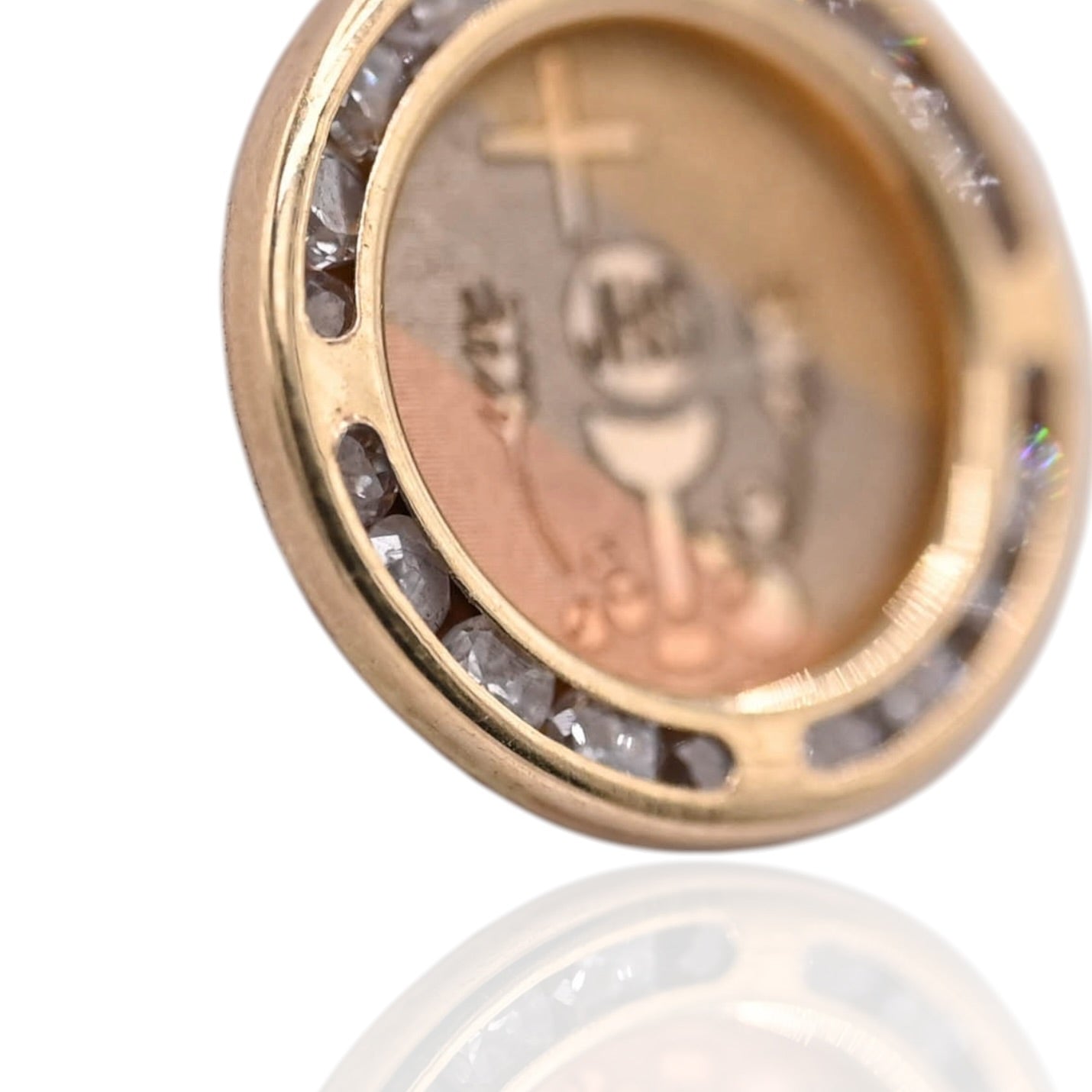 JHS Round Pendant with Channel Set Cubic Zirconia 14K Tri-color Gold