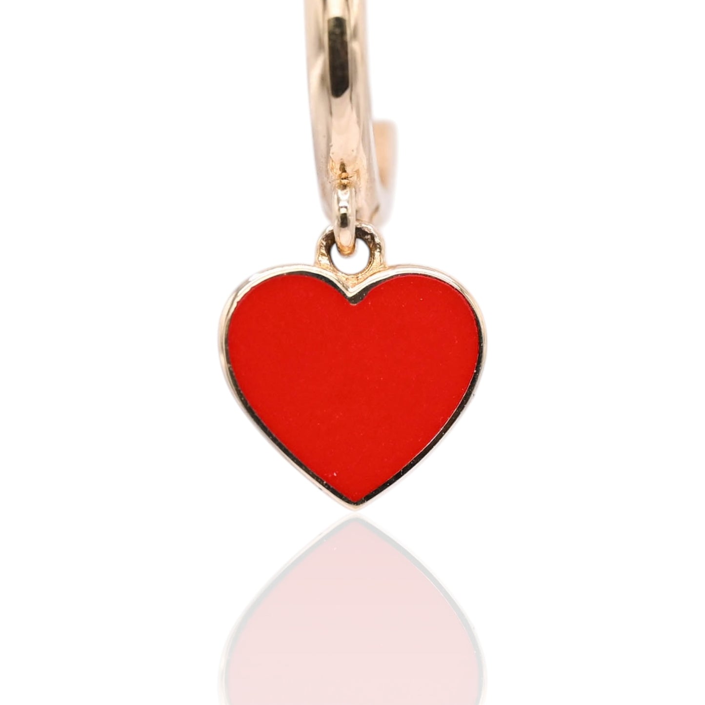Red Enamel Heart Hoop Earrings 14K Yellow Gold 1.60mm Thick/10.38mm Diameter