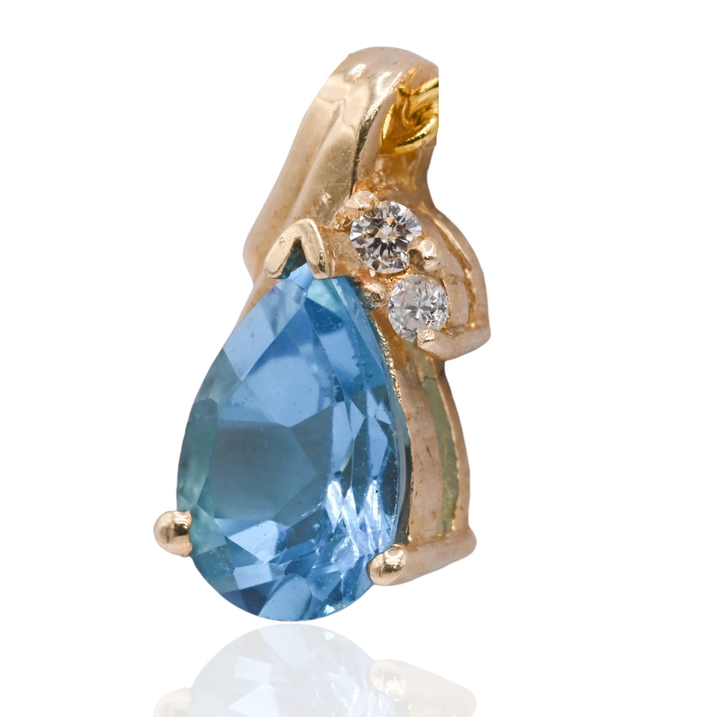 Pear-Shaped Blue Topaz Pendant with Side Diamonds 14K Yellow Gold