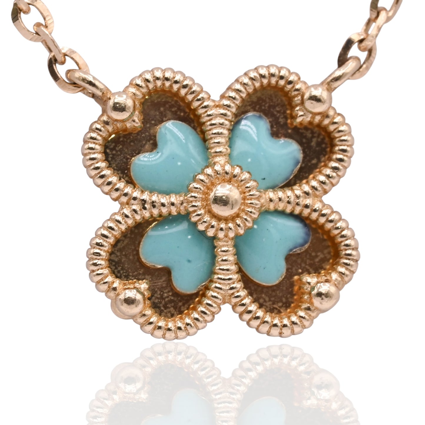 Four Leaf Clover Turquoise Enamel Necklace 14K Yellow Gold with Adjustable Diamond Cut Chain 16.5in and 17.5in
