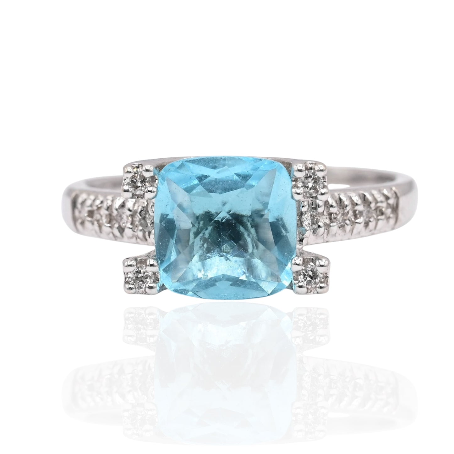 FINAL SALE: Blue Topaz Ring with Diamonds 14K White Gold Size 8.25 0.15cttw
