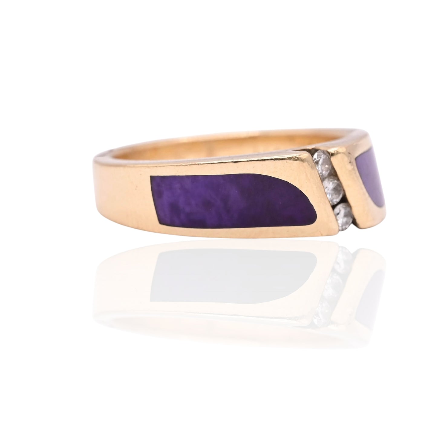 FINAL SALE: Sugilite Inlay Ring with Diamonds 14K Yellow Gold Size 6 0.04cttw