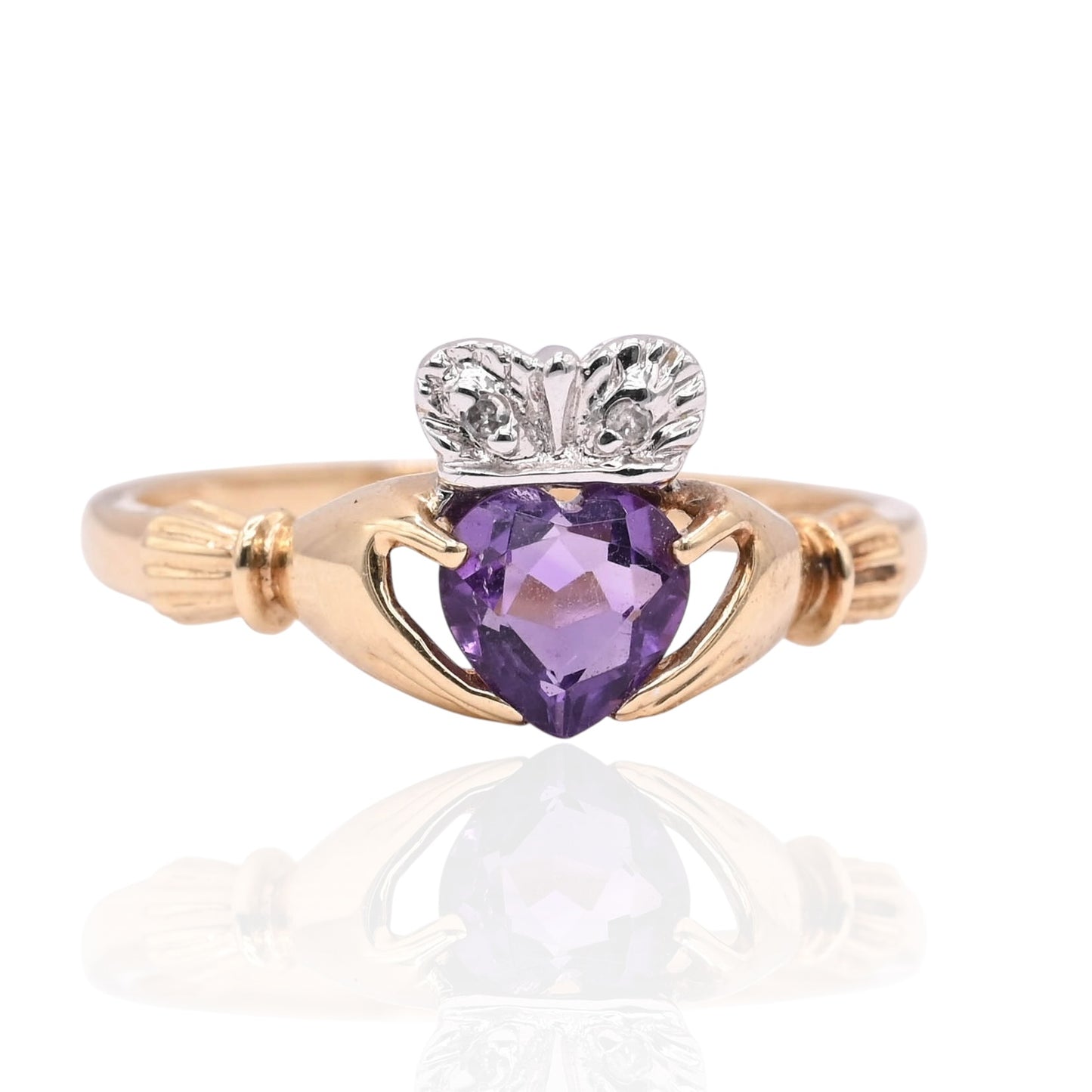 FINAL SALE: Amethyst Heart and Diamond Claddagh 14K Yellow and 14K White Gold Ring Size 7.25 0.01cttw