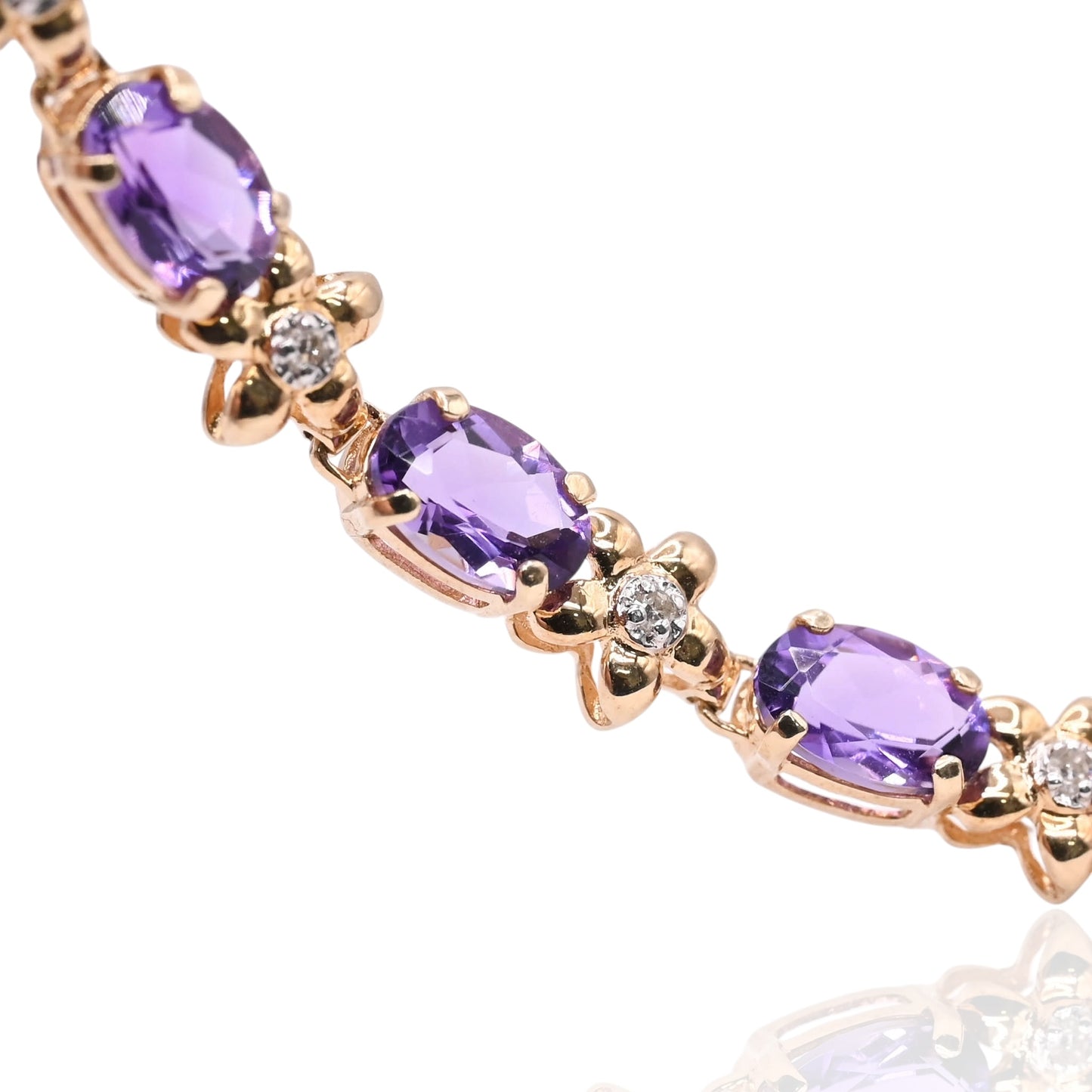 Amethyst and Diamond Floral Bracelet 14K Yellow Gold 7in