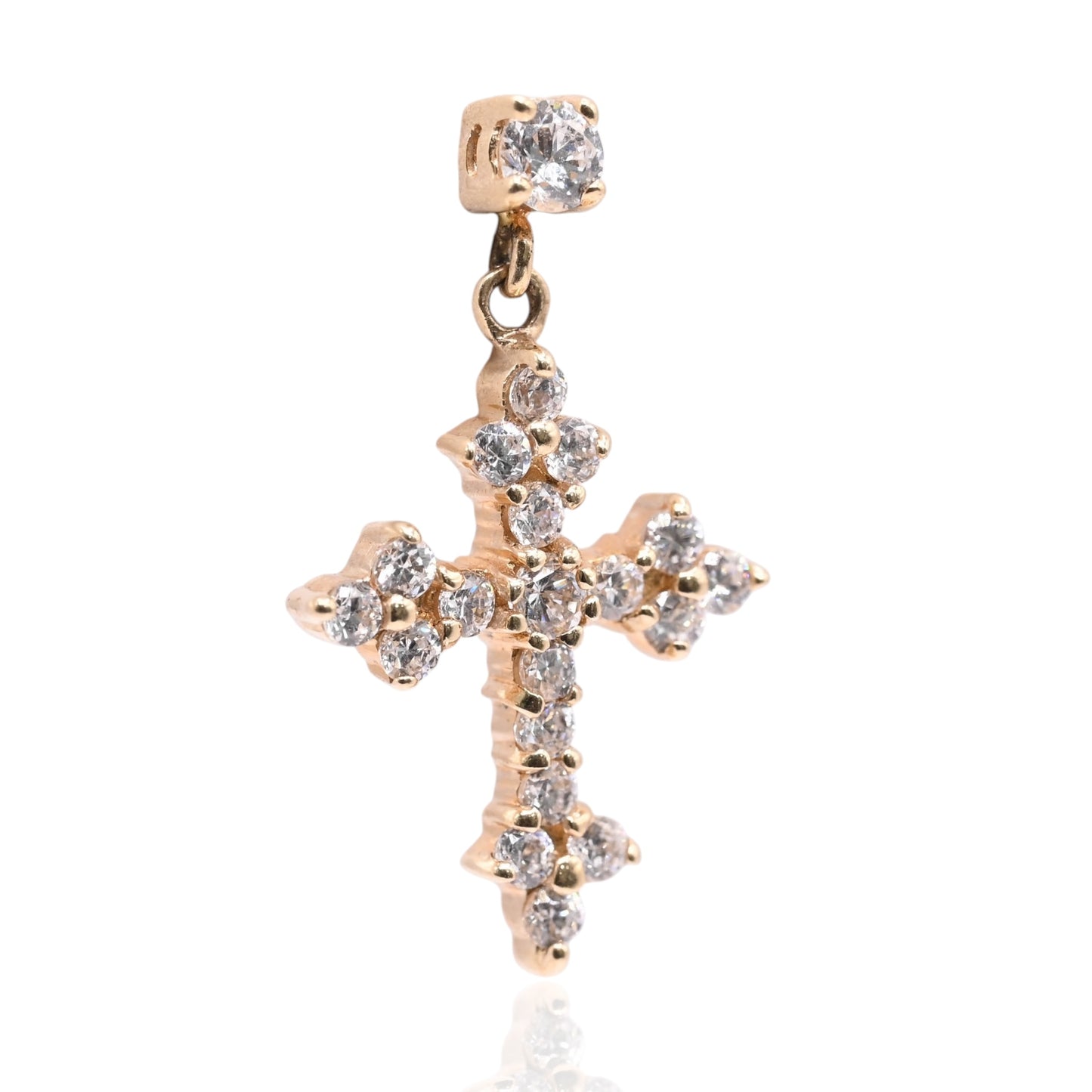 Cubic Zirconia Budded Cross Dangle Earrings 14K Yellow Gold