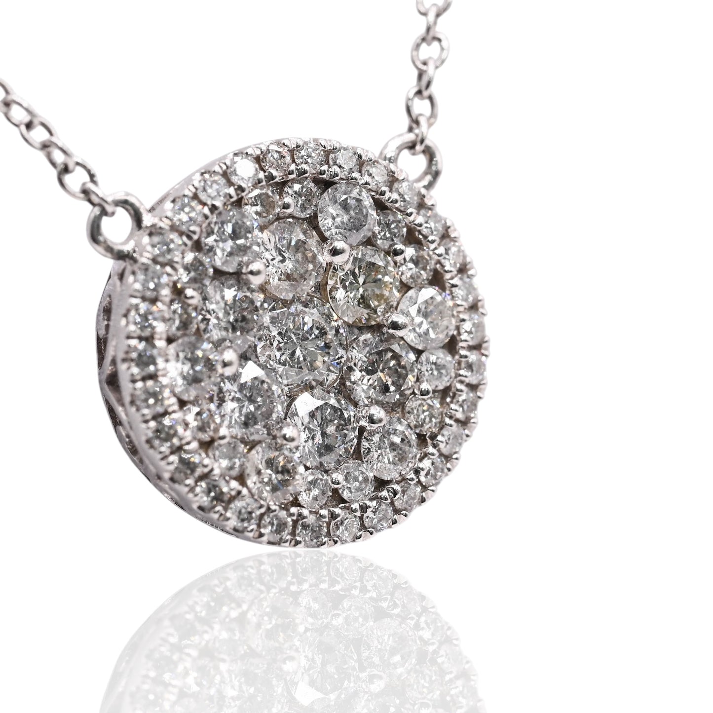 Round Cluster Diamond Necklace 14K White Gold with Cable Chain 18in 1.14cttw