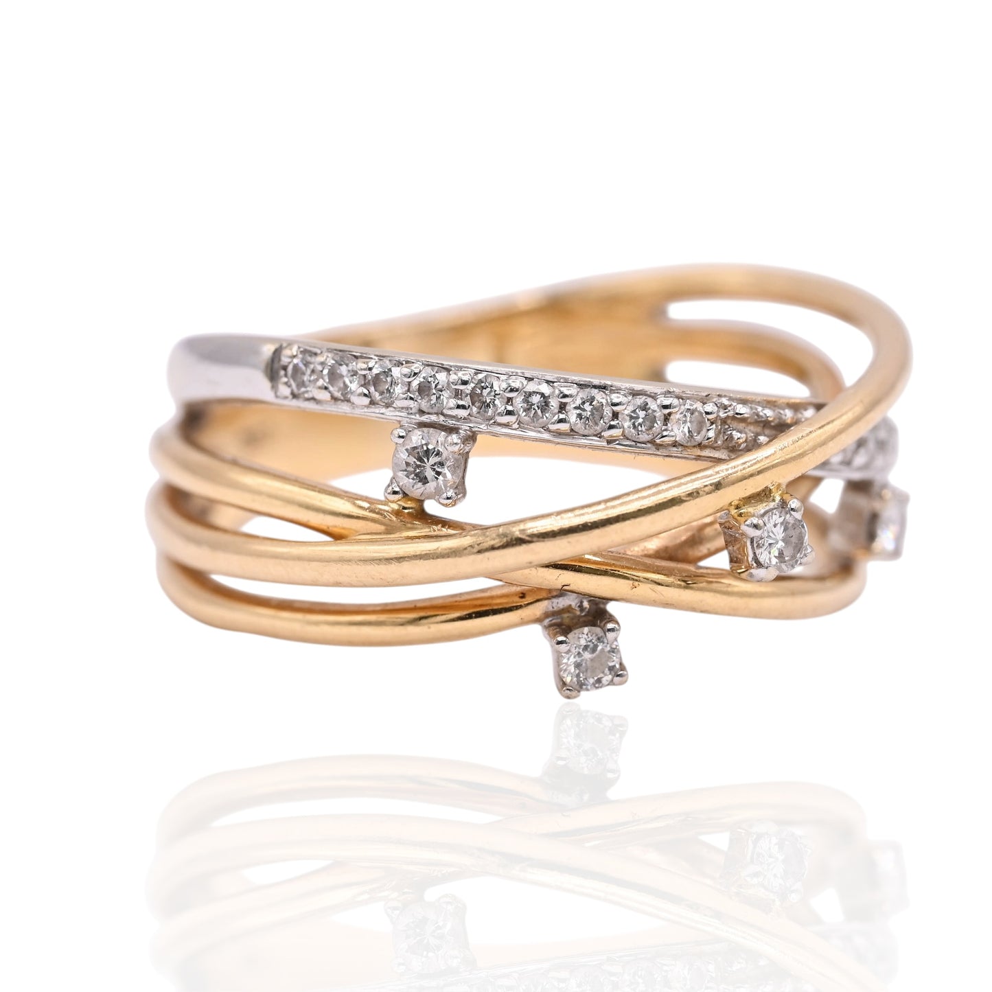 Diamond Criss-Cross Ring Two Tone 18K Yellow Gold and 18K White Gold Size 8 0.15cttw