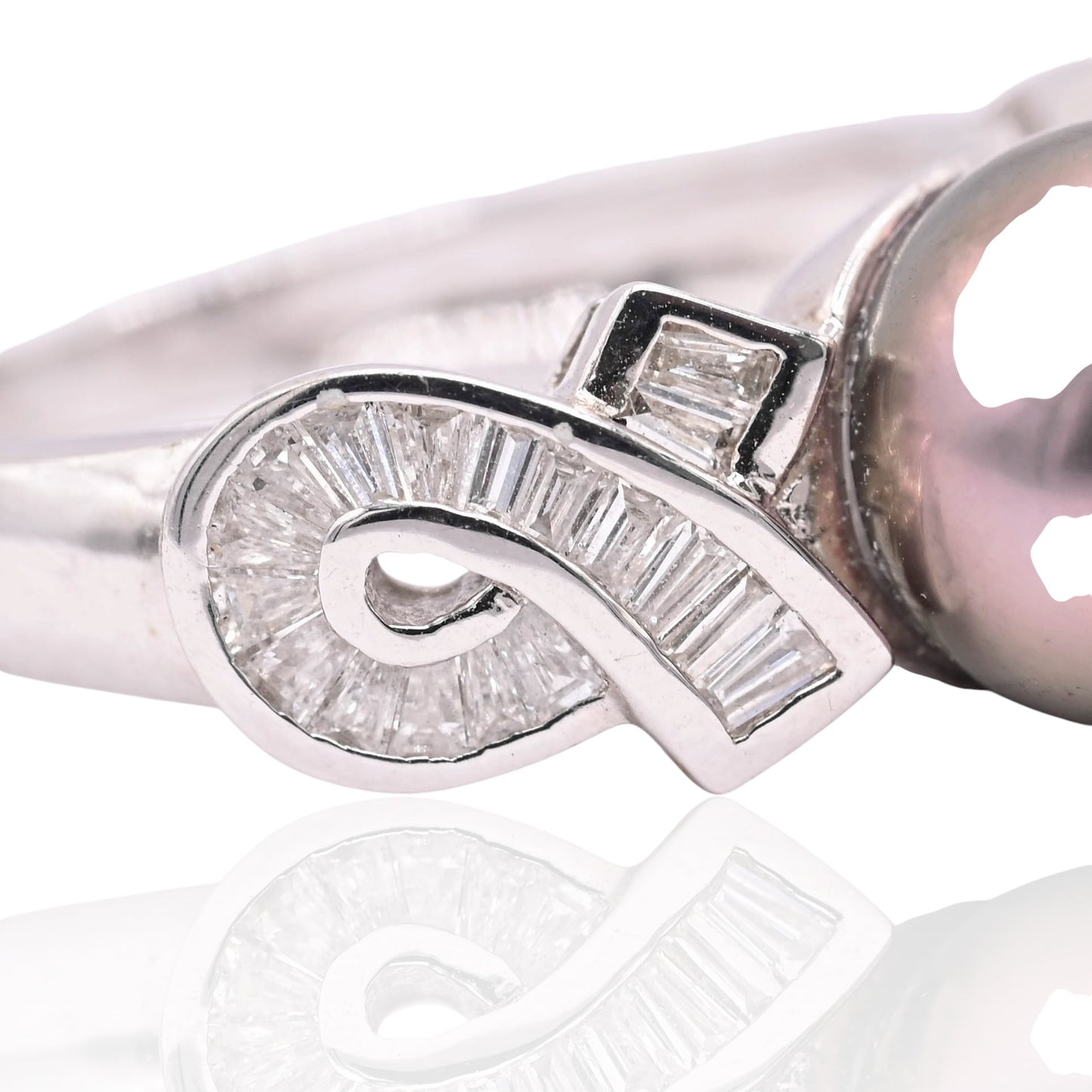 Tahitian Pearl and Ribboned Diamond Ring 14K White Gold Size 7.25 0.25cttw