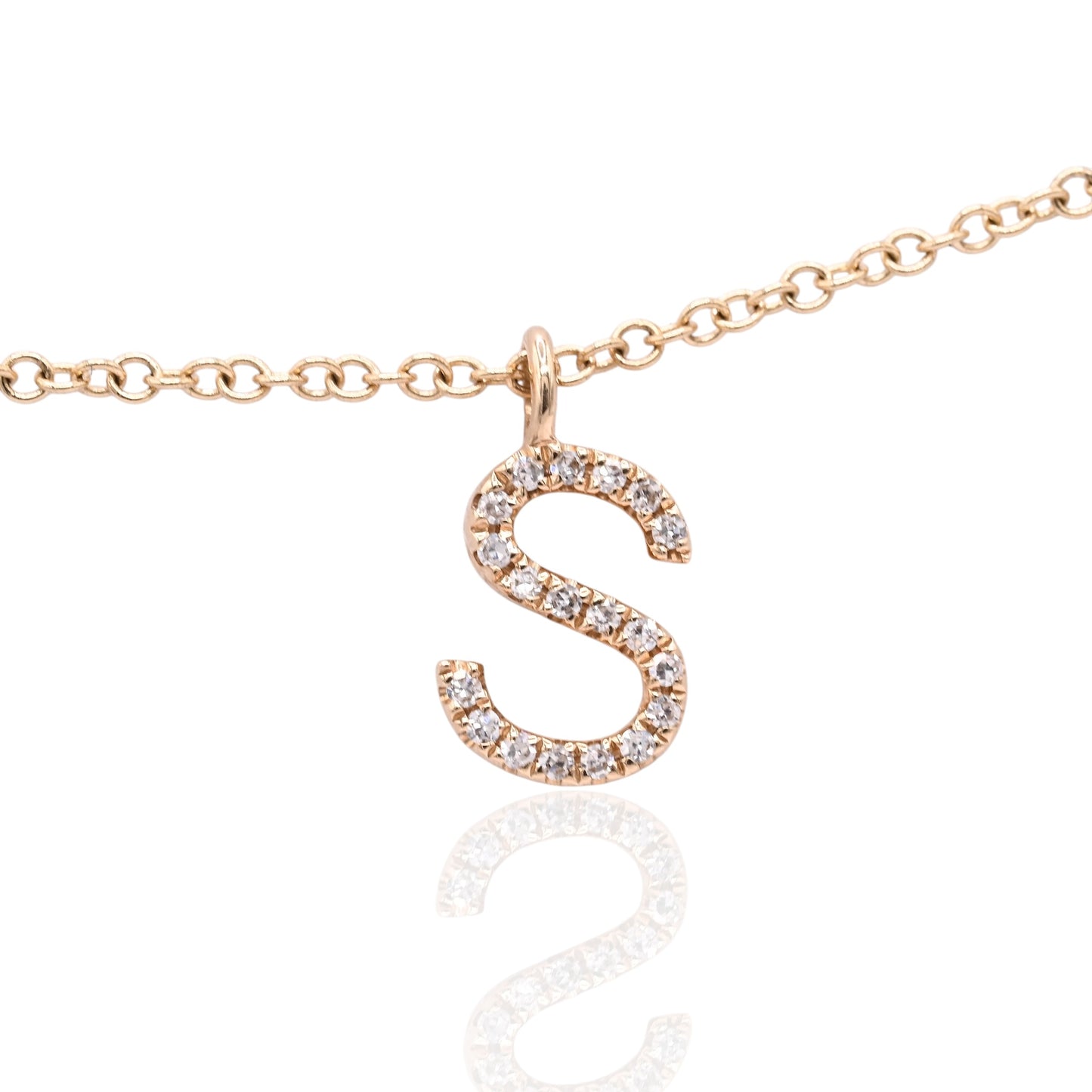 Letter 'S' Diamond Necklace and Bezel Accent Diamond 14K Yellow Gold with Adjustable Cable Chain 16in, 17in, and 18in 0.09cttw
