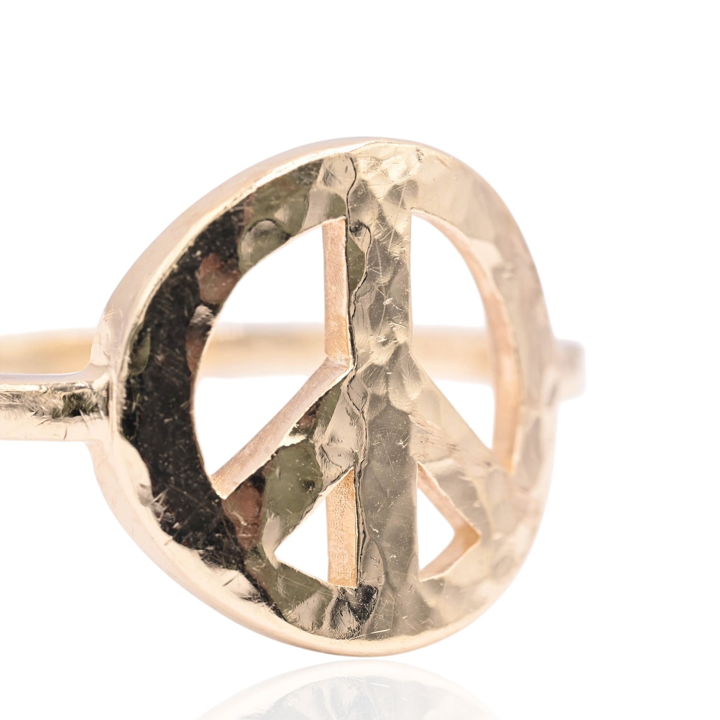 Hammered Peace Sign Ring 14K Yellow Gold Size 9 (Larrea Original)