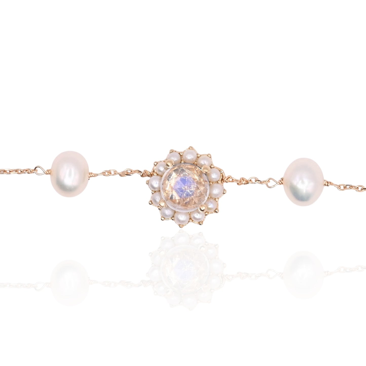 Moonstone with Bead Pearl Halo Necklace 14K Yellow Gold with Station Cultured Pearls 18.5in (Larrea Original)