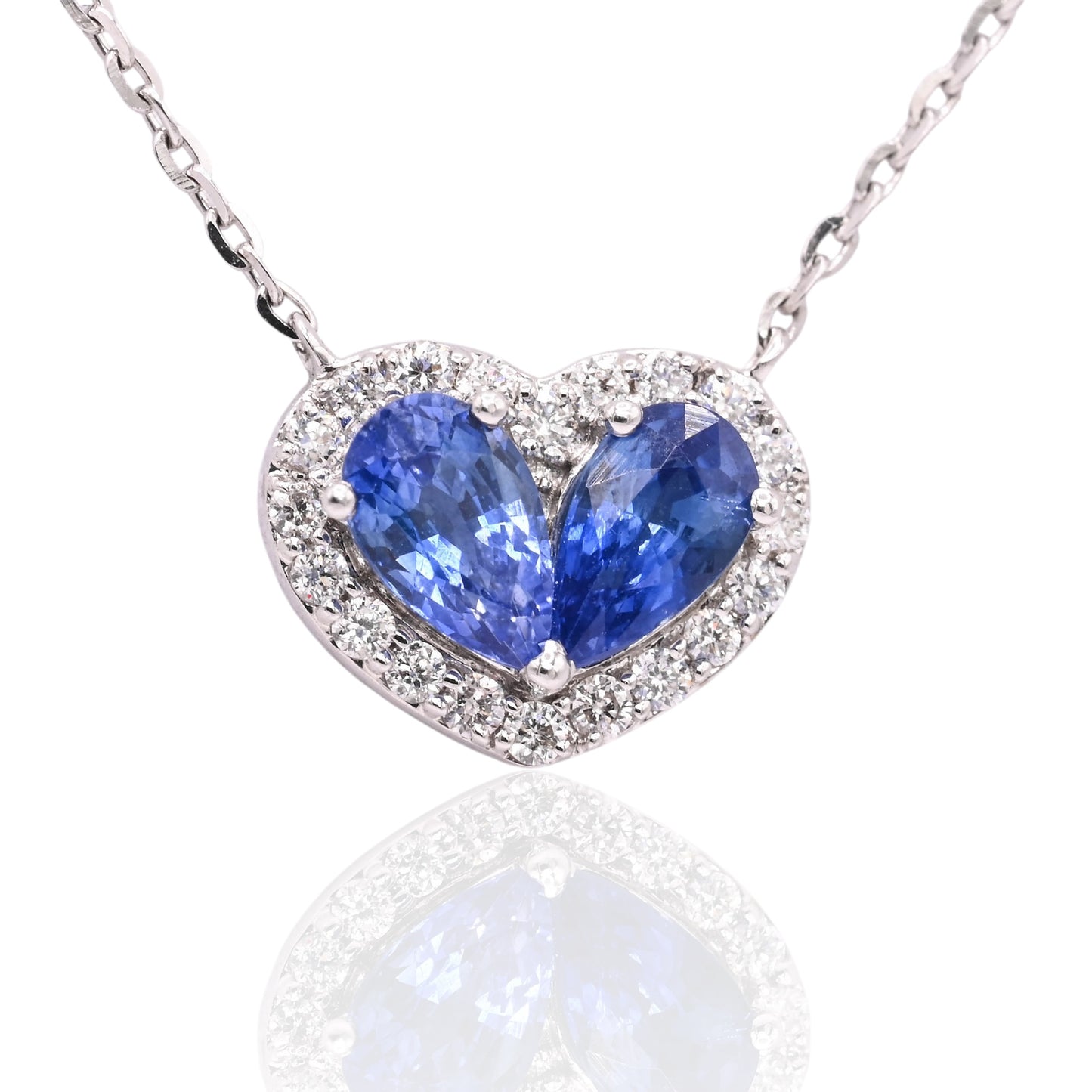 Sapphire and Diamond Heart Necklace 14K White Gold with Diamond Cut Cable Chain 16in, 17in, and 18in 0.50cttw Sapphires/0.11cttw Diamonds
