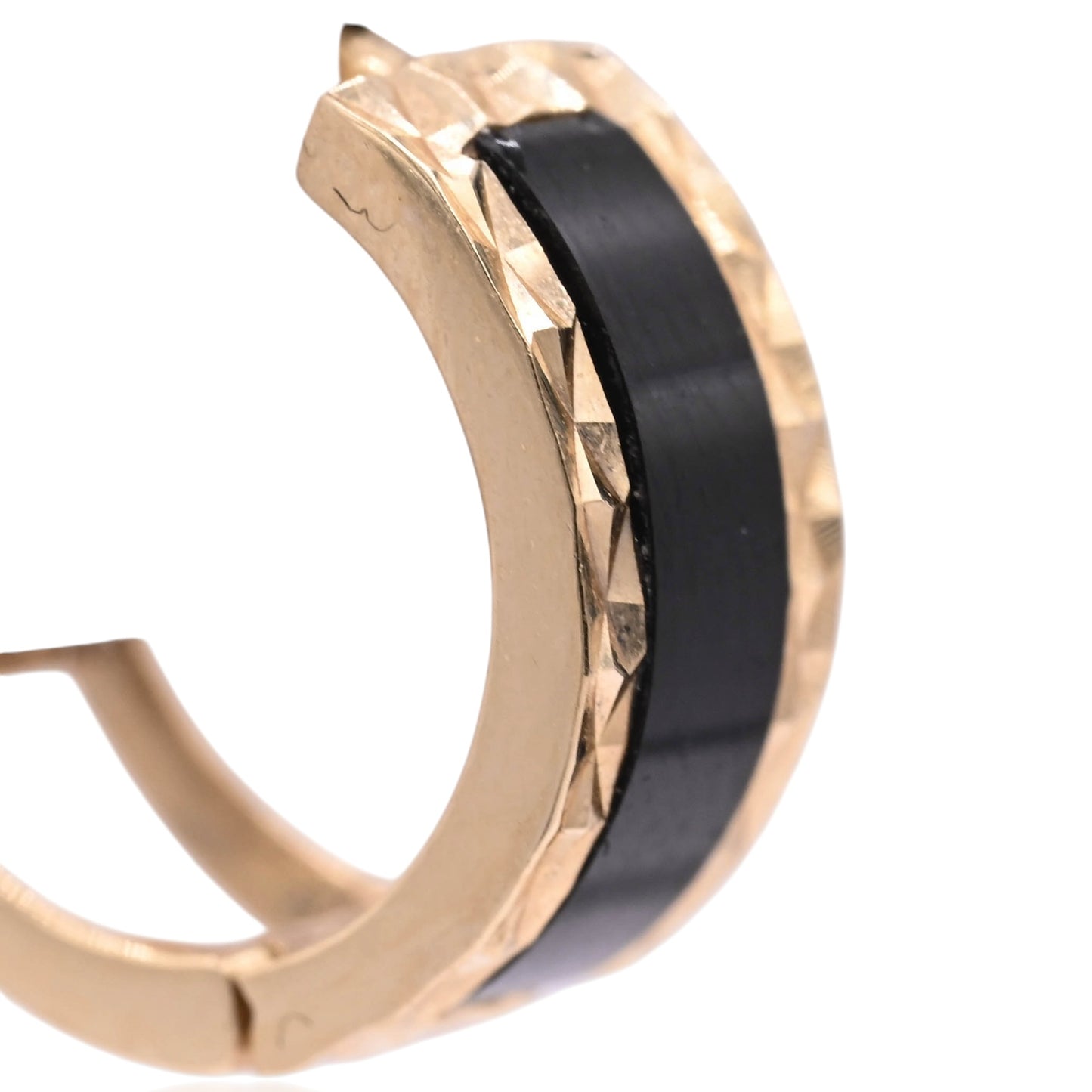 Black Enamel Diamond Cut Huggie Hoop Earrings 14K Yellow Gold 5mm Thick/13mm Diameter