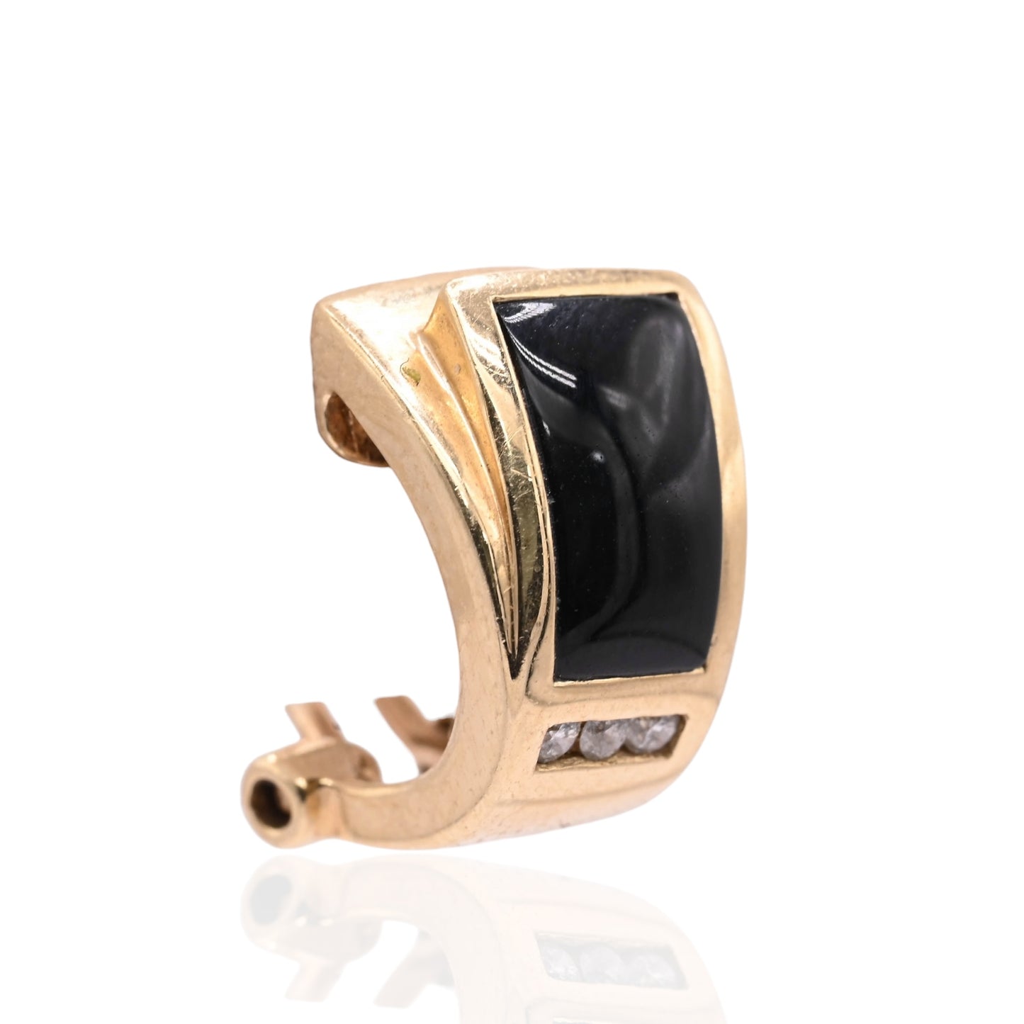 Vintage-Style Black Enamel and Diamond Earrings 14K Yellow Gold with Omega Backs 0.06cttw