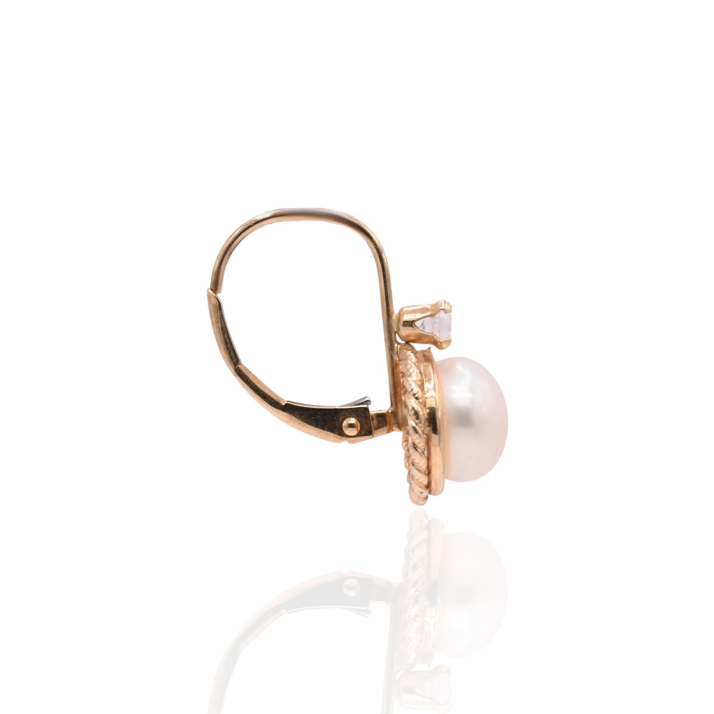 7mm Pearl Round Rope Leverback Earrings with Cubic Zirconias 14K Yellow Gold