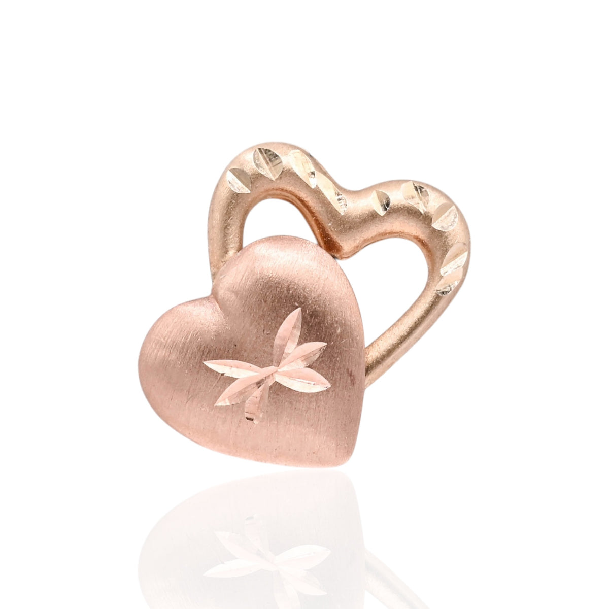 Lightweight Two Tone Dual Heart Diamond Cut Stud Earrings 14K Yellow Gold and 14K Rose Gold