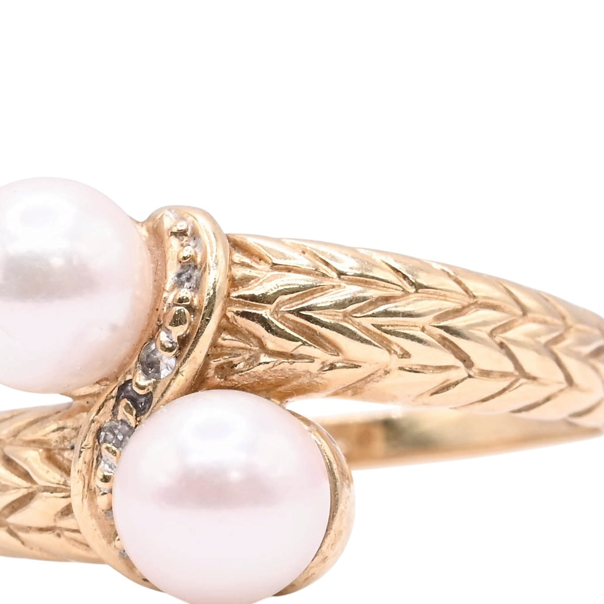 6mm Dual Cultured Pearl Chevron Textured Ring 14K Yellow Gold Size 7