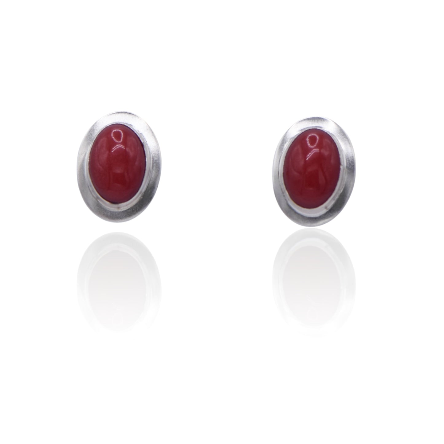 Vintage Red Coral Oval Post Sterling Silver Earrings