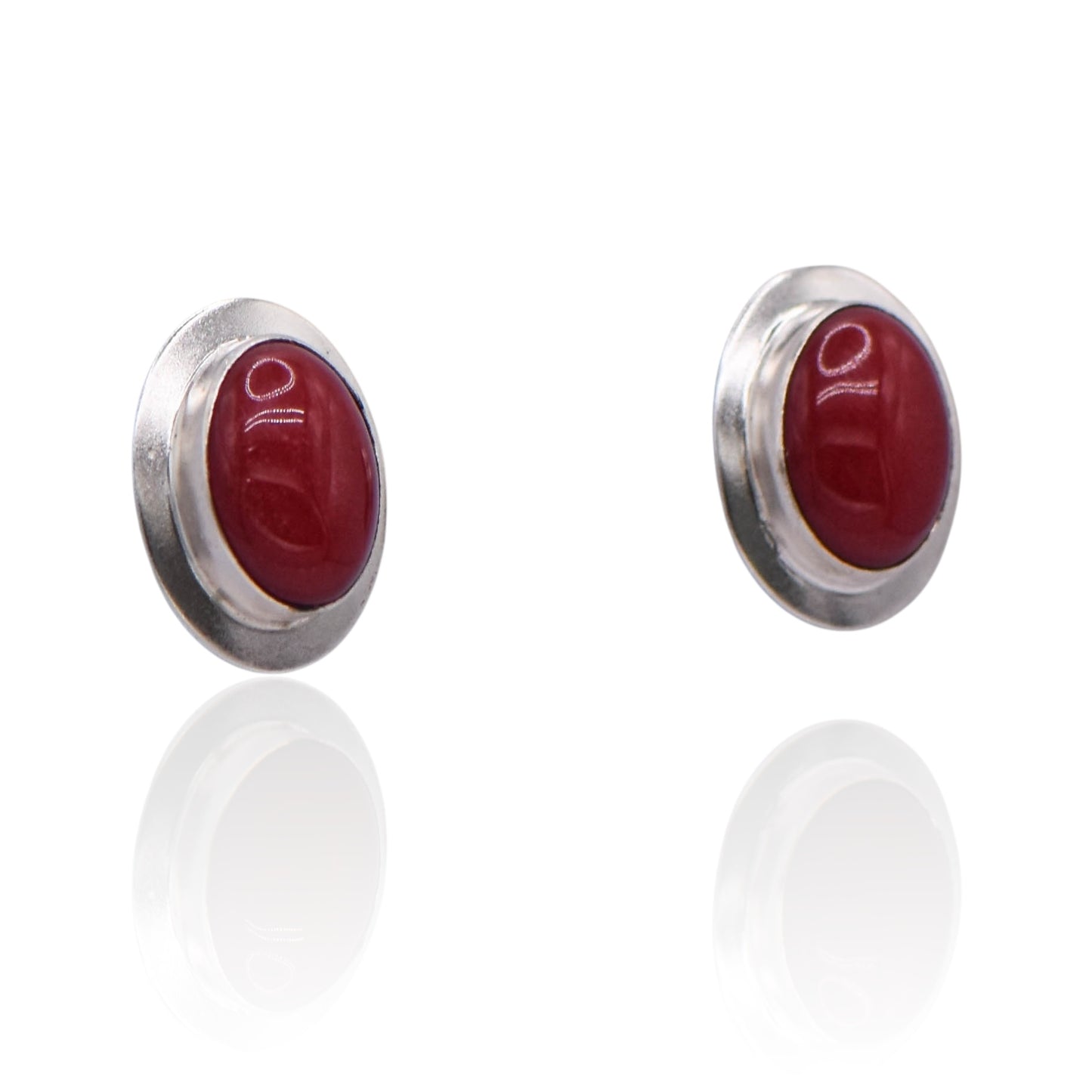 Vintage Red Coral Oval Post Sterling Silver Earrings