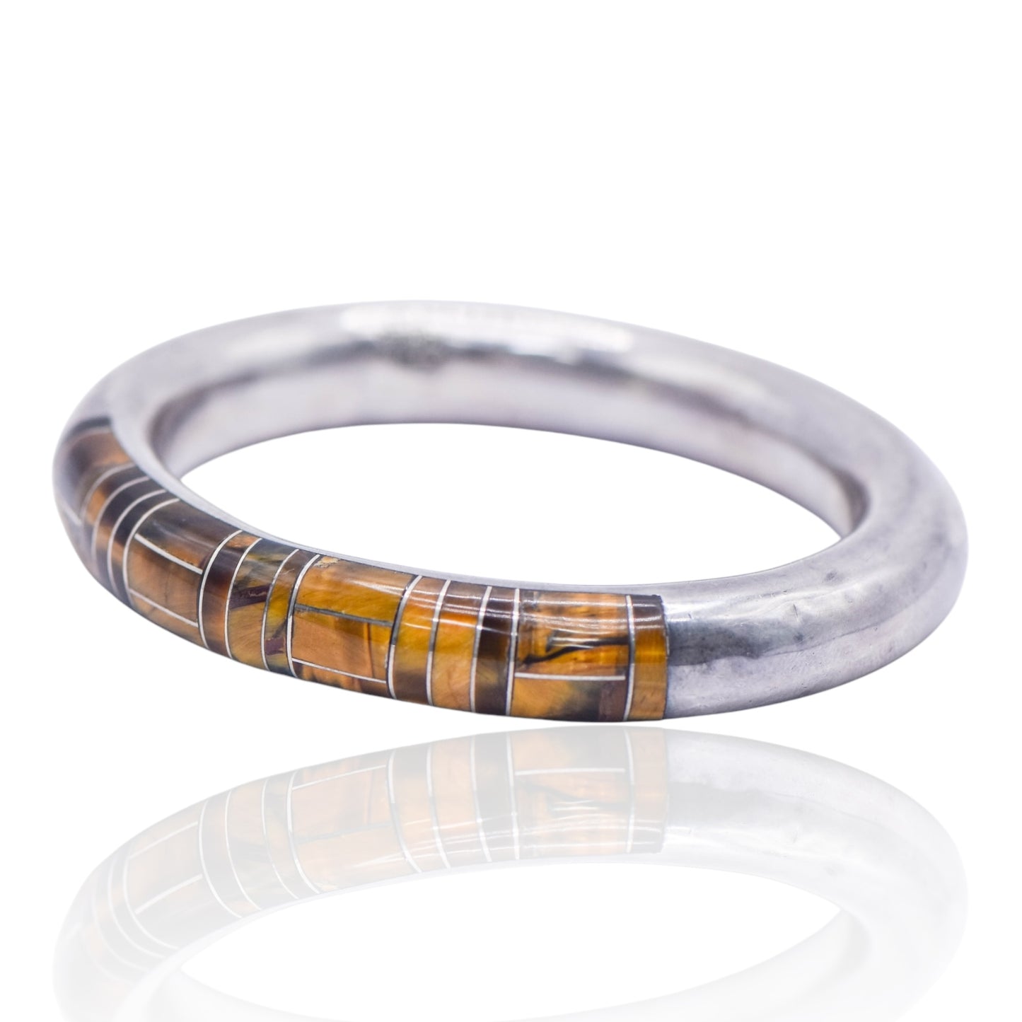 Vintage Mexico Sterling Inlay Tiger's Eye Slip-on Bangle Bracelet