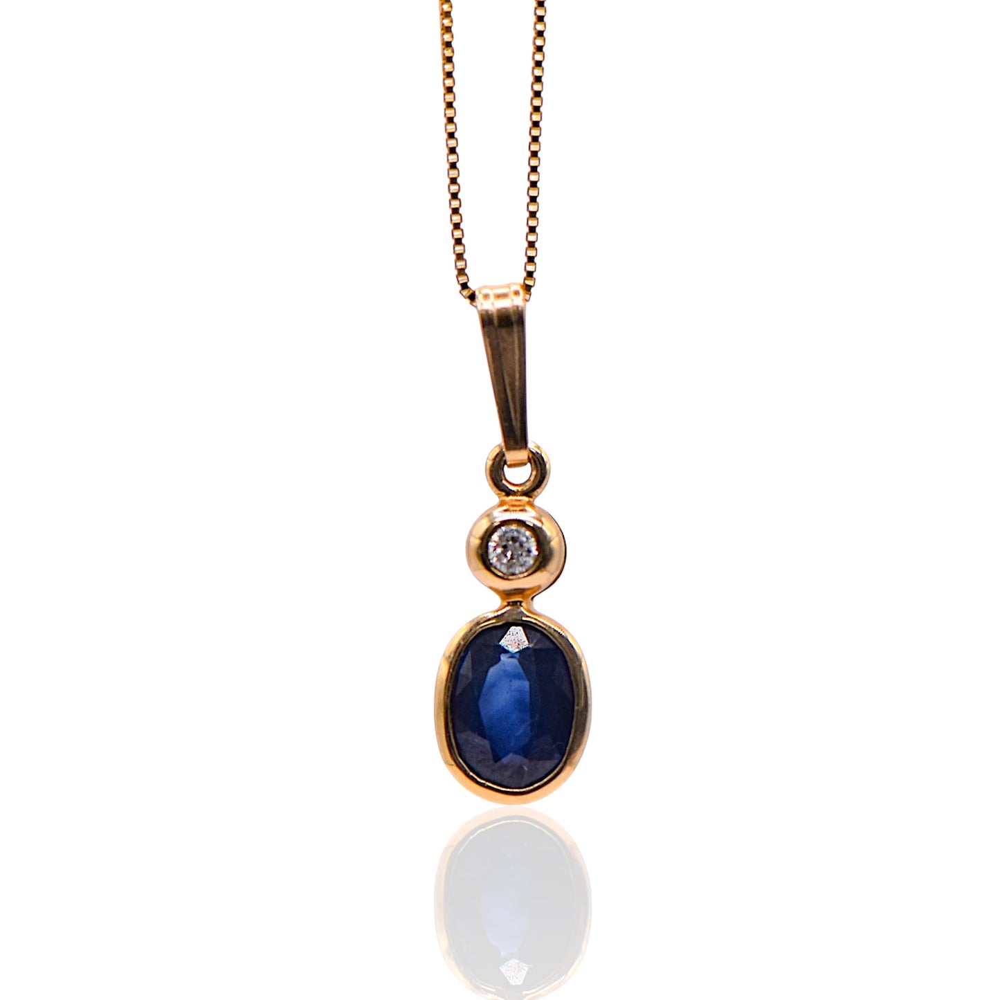 Oval Sapphire and Diamond Pendant On Box Chain 16 inch