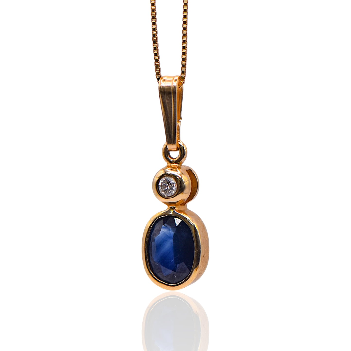 Oval Sapphire and Diamond Pendant On Box Chain 16 inch