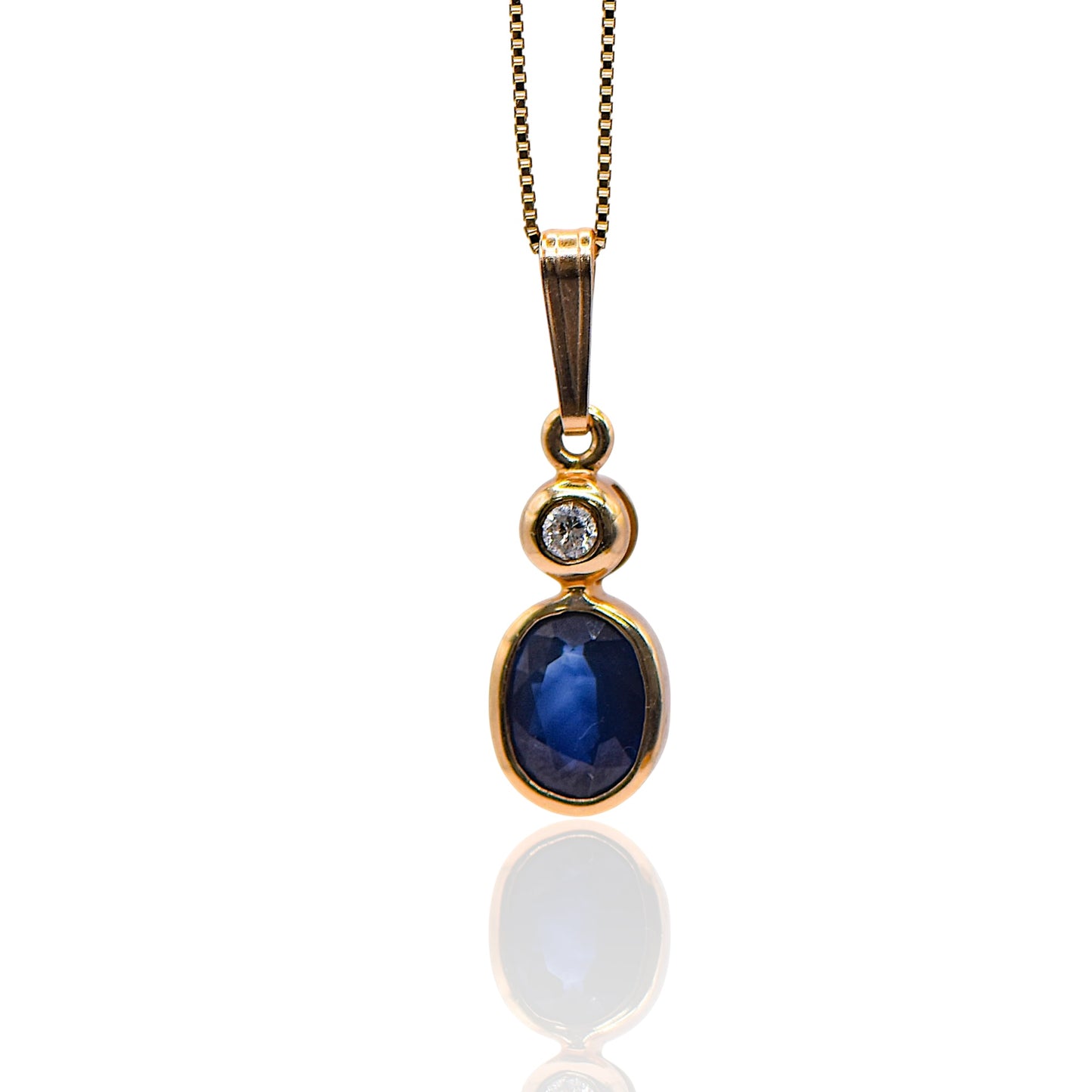Oval Sapphire and Diamond Pendant On Box Chain 16 inch