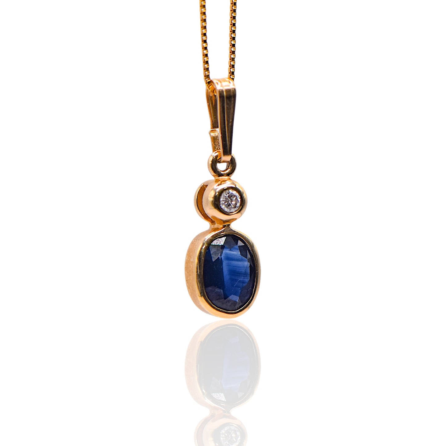 Oval Sapphire and Diamond Pendant On Box Chain 16 inch