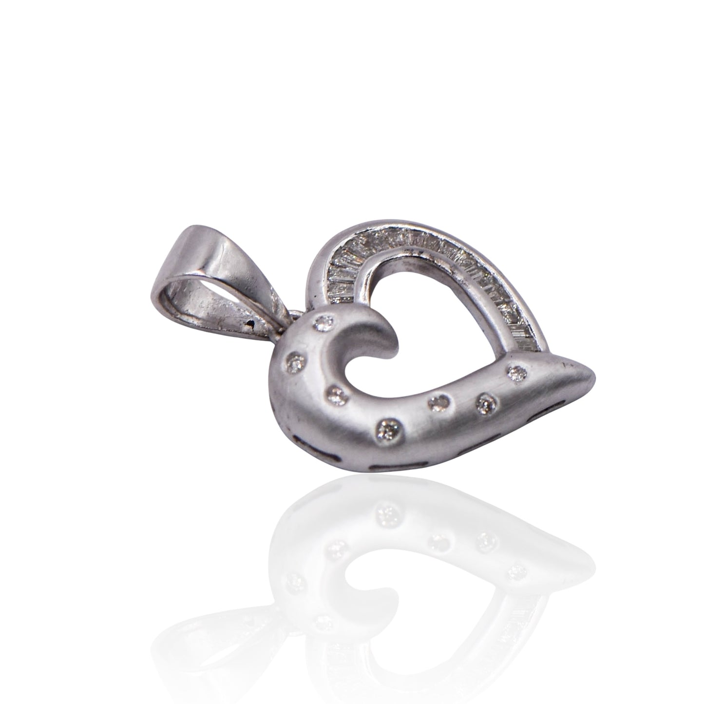 Inlayed Diamond Heart and 13 Baguettes 18K White Gold Pendant