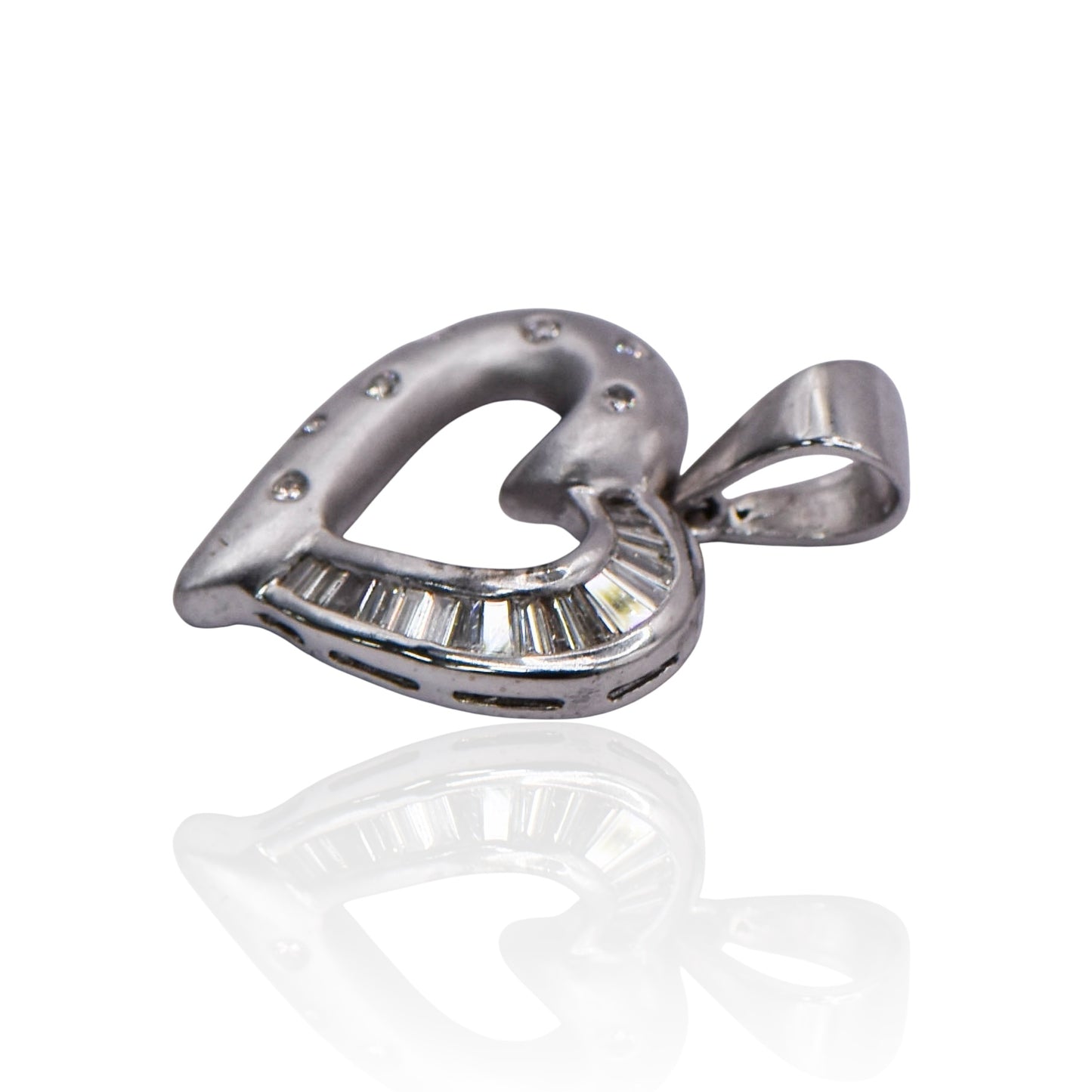 Inlayed Diamond Heart and 13 Baguettes 18K White Gold Pendant