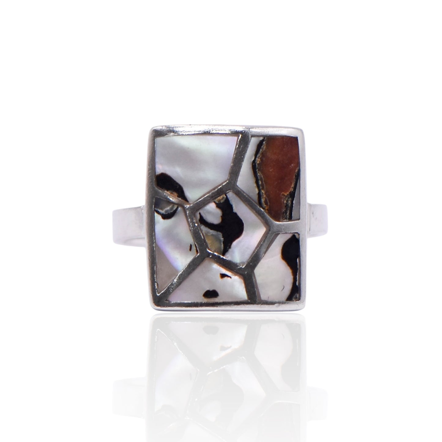 Vintage Mother of Pearl Mosaic Frame Sterling Silver Ring