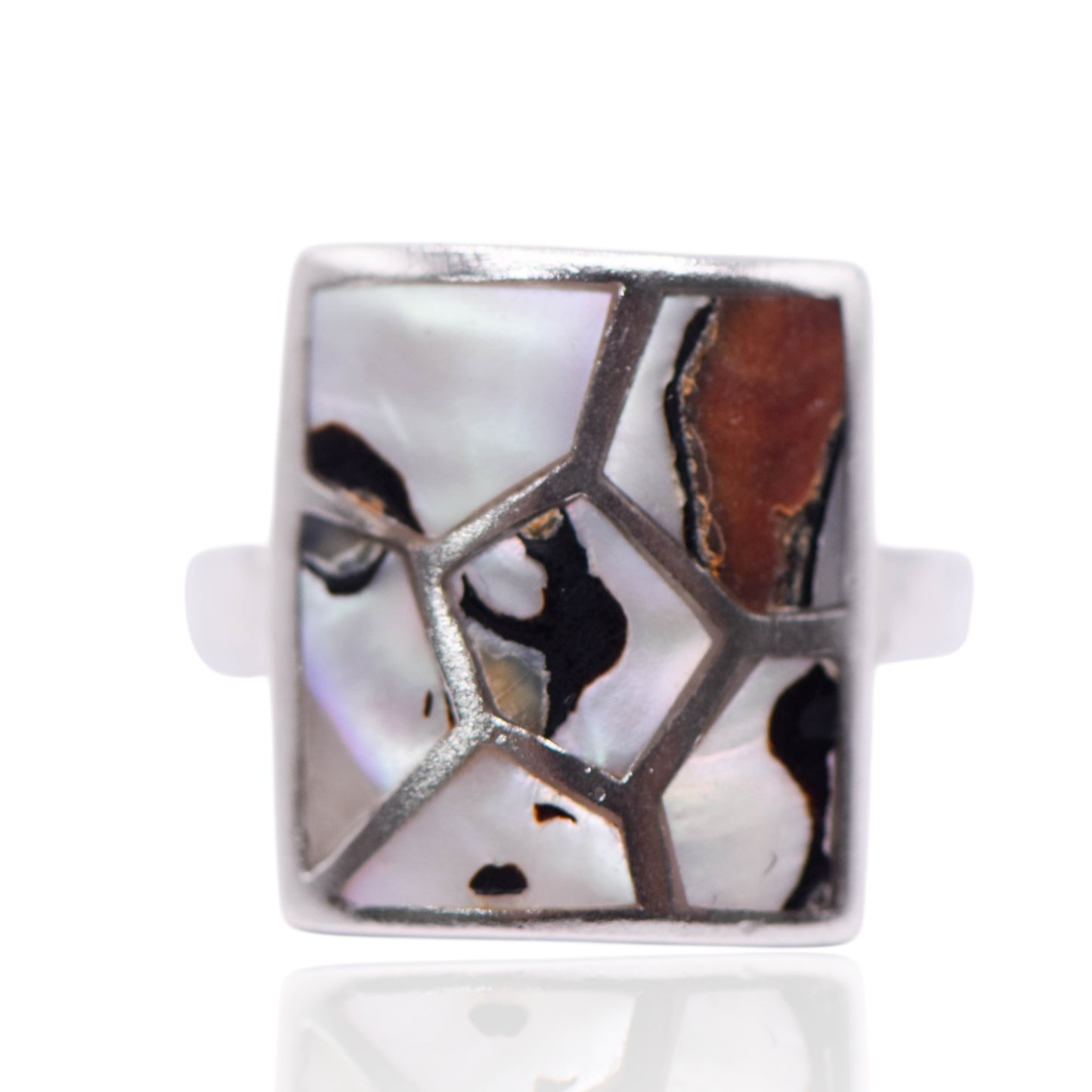 Vintage Mother of Pearl Mosaic Frame Sterling Silver Ring