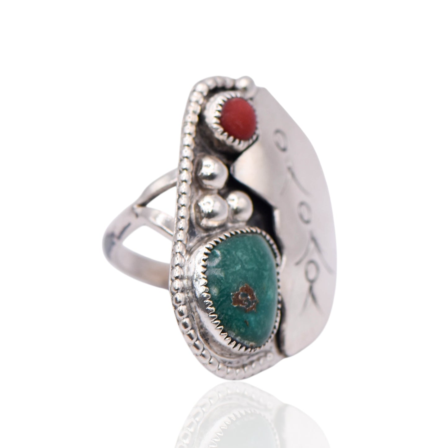 Vintage Green and Red Navajo Sterling Silver Ring