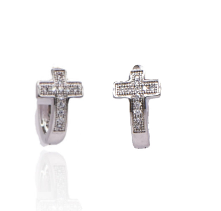 Vintage CZ Cross Huggie Sterling Silver Earrings