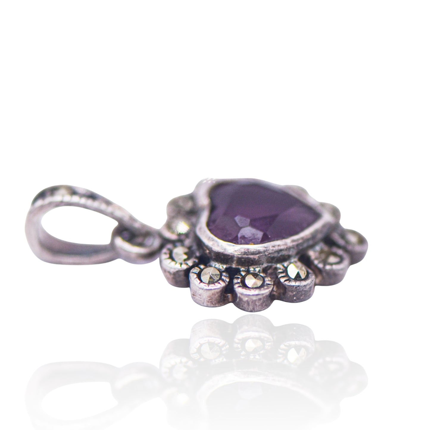 Vintage Heart Amethyst and Marcasite Sterling Silver Pendant