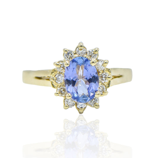 Tanzanite with Diamond Halo Ring 14K Yellow Gold Size 9 1.35ct Tanzanite/0.56cttw Diamonds