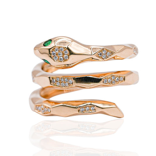 Emerald and Diamond Wrap Snake Ring 14K Yellow Gold Size 7.5 0.07cttw Emerald/0.15cttw Diamonds