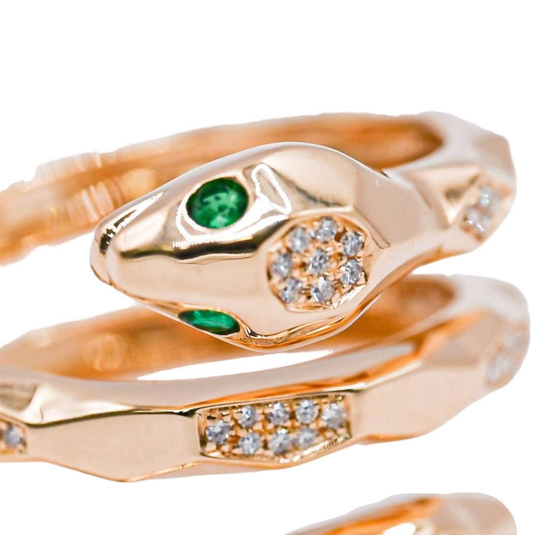 Emerald and Diamond Wrap Snake Ring 14K Yellow Gold Size 7.5 0.07cttw Emerald/0.15cttw Diamonds