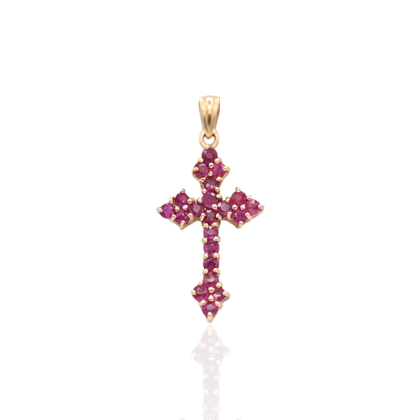 Ruby Budded Cross Pendant 14K Yellow Gold 0.84cttw