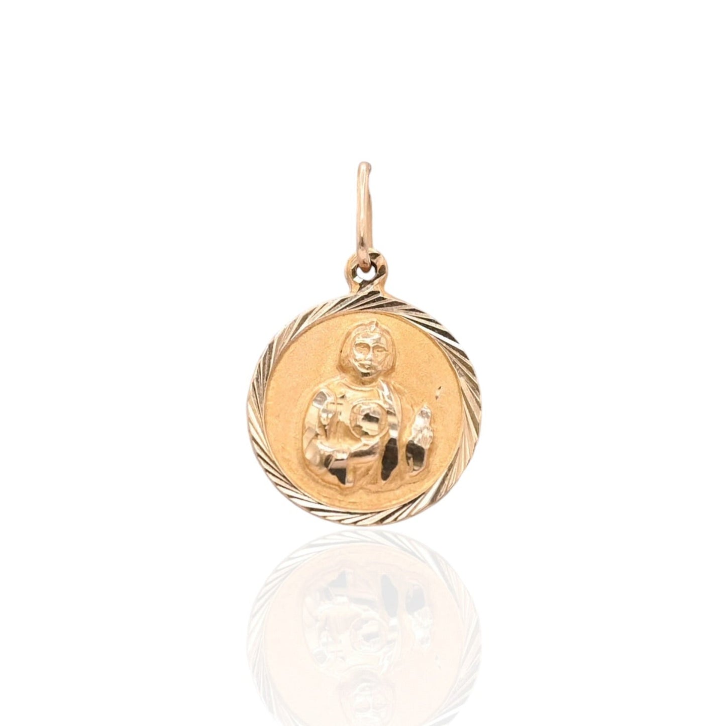 Round Religious Pendant with Diamond Cut Edge 14K Yellow Gold
