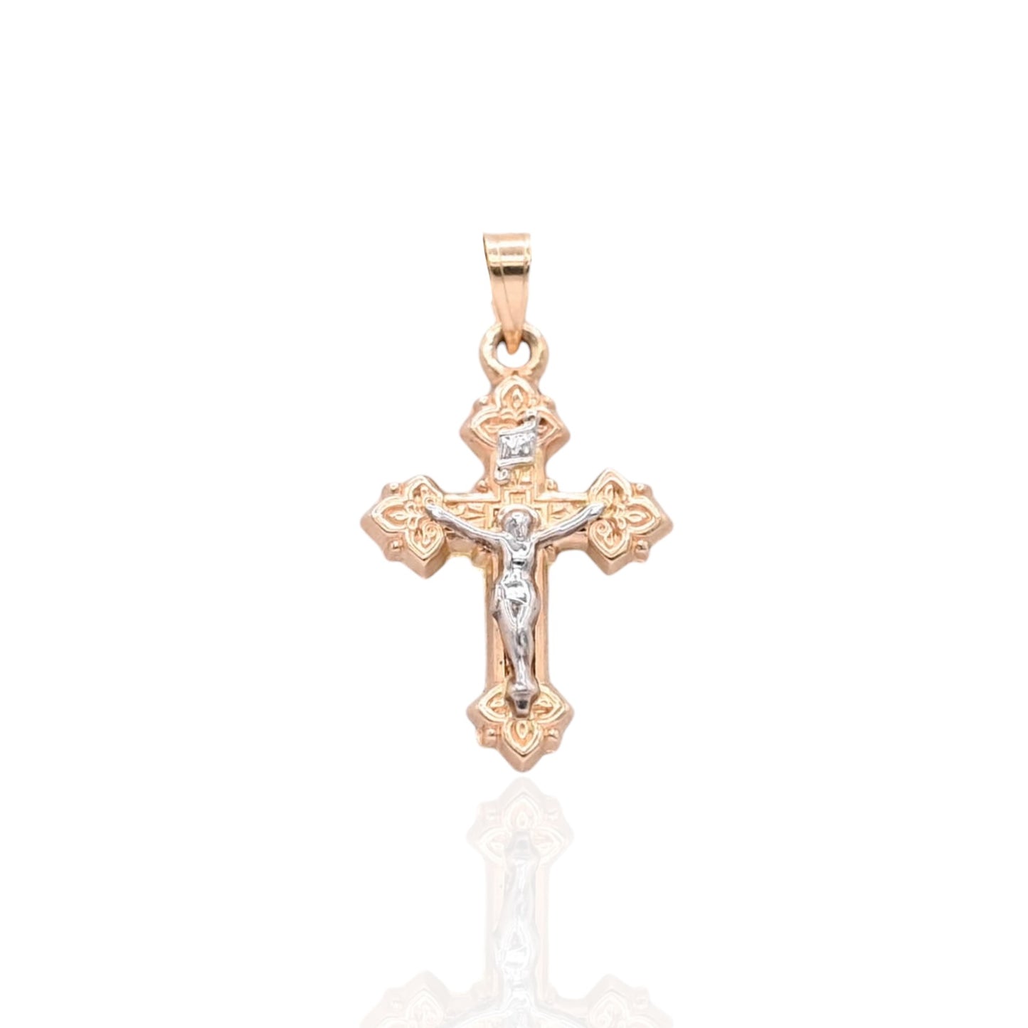 Two Tone Budded Crucifix Pendant 14K Yellow Gold and 14K White Gold