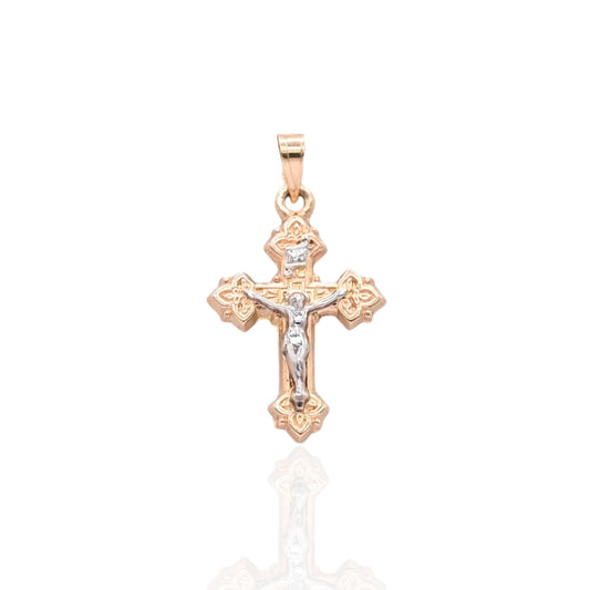 Two Tone Budded Crucifix Pendant 14K Yellow Gold and 14K White Gold