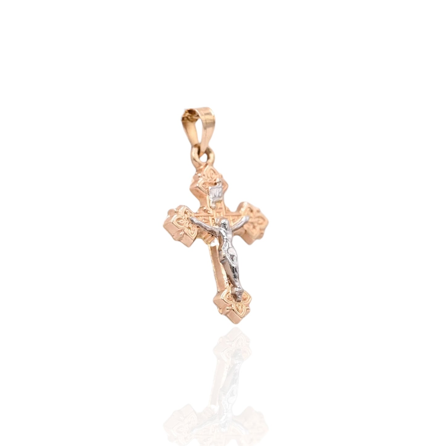 Two Tone Budded Crucifix Pendant 14K Yellow Gold and 14K White Gold