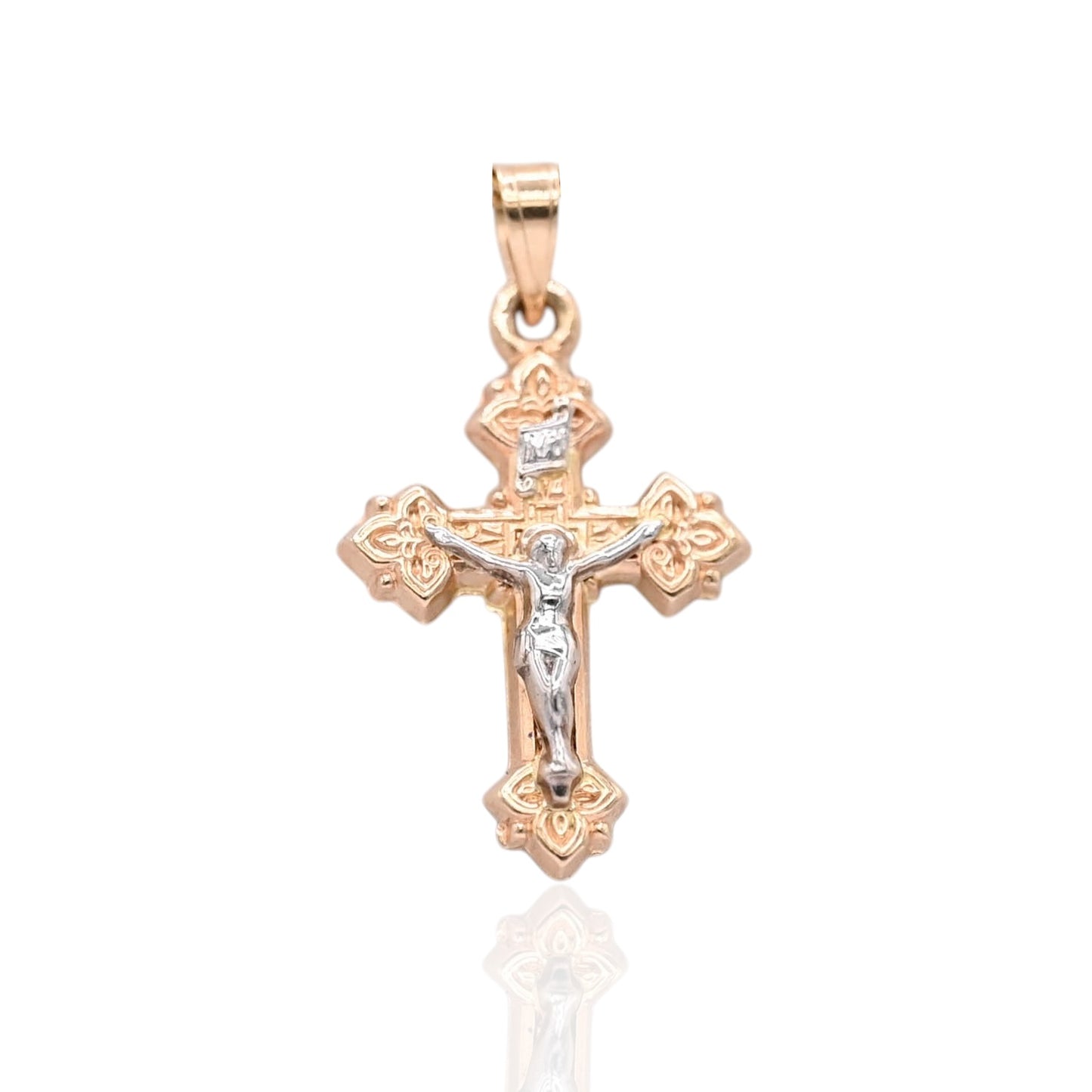 Two Tone Budded Crucifix Pendant 14K Yellow Gold and 14K White Gold