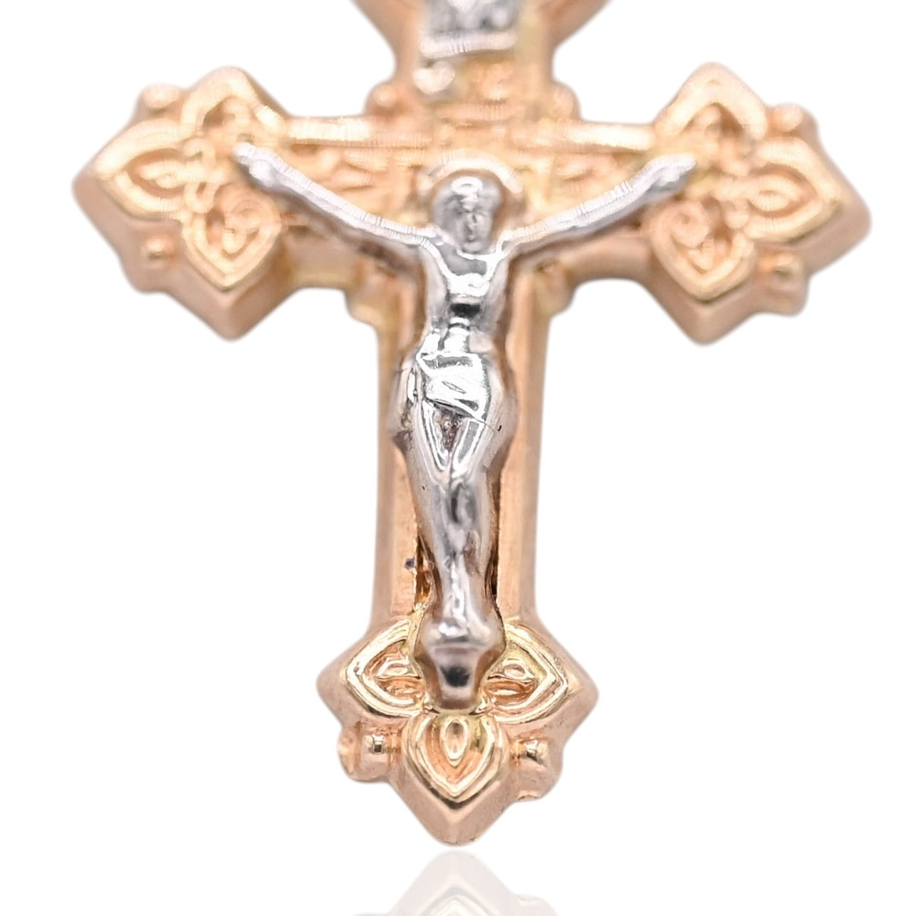 Two Tone Budded Crucifix Pendant 14K Yellow Gold and 14K White Gold