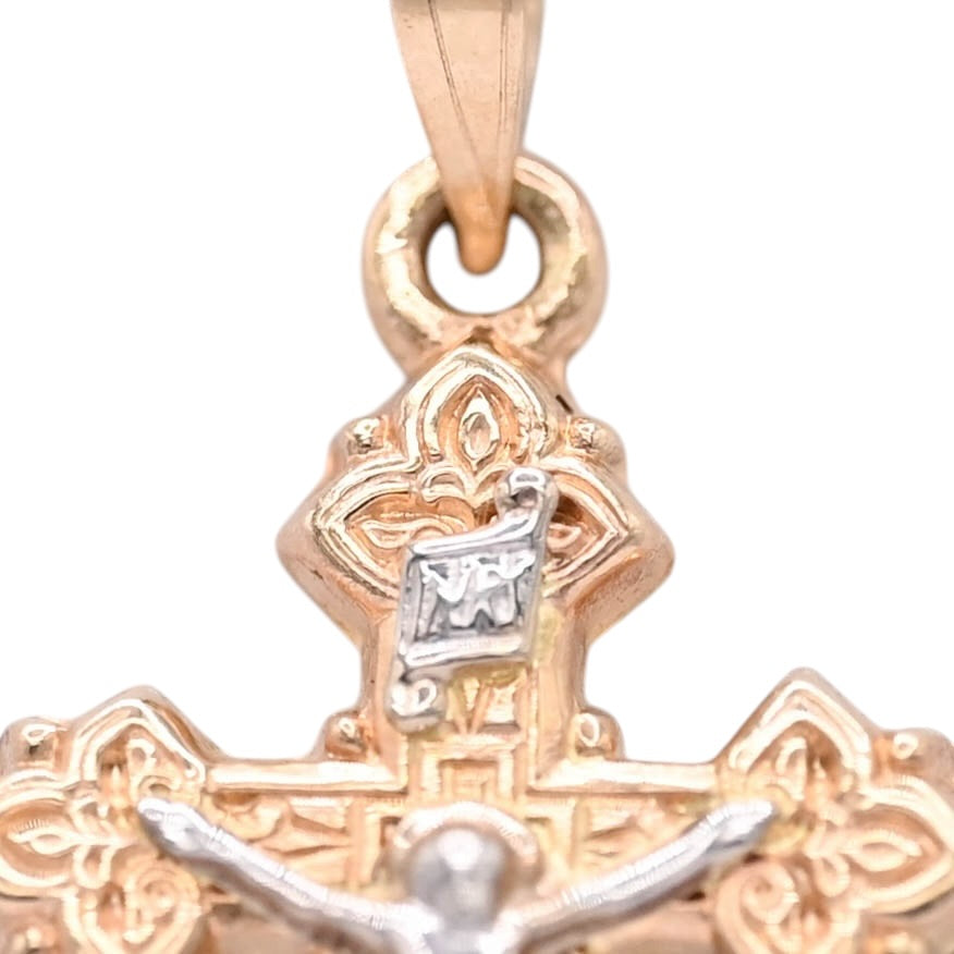 Two Tone Budded Crucifix Pendant 14K Yellow Gold and 14K White Gold