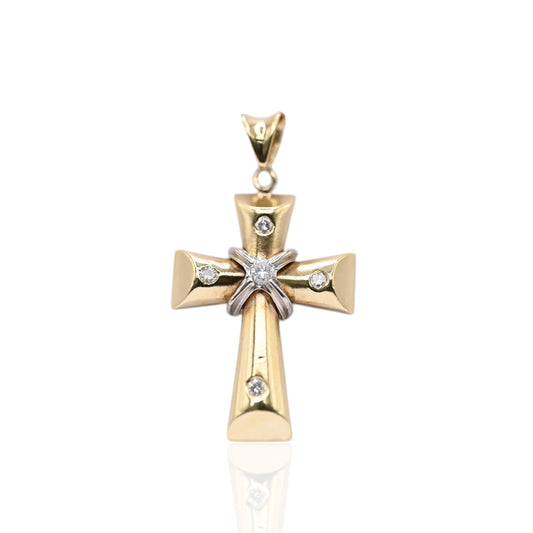 Two Tone Cross Pendant with Accent Diamonds 14K Yellow Gold and 14K White Gold 0.11cttw
