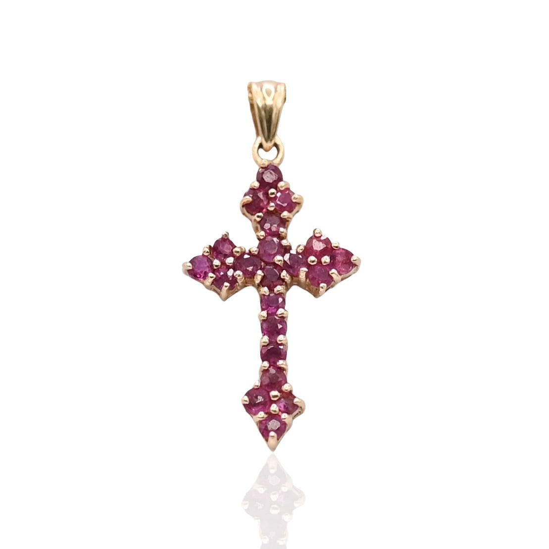 Ruby Budded Cross Pendant 14K Yellow Gold 0.84cttw