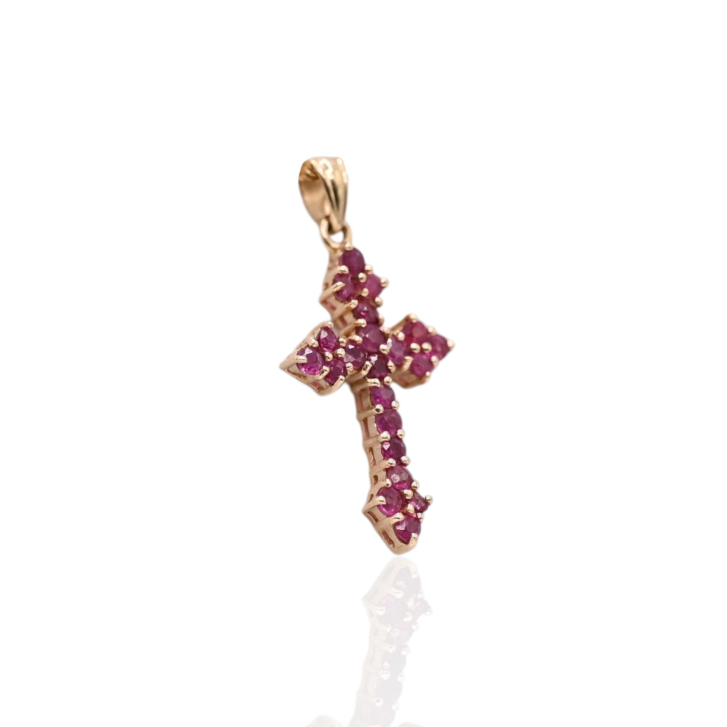 Ruby Budded Cross Pendant 14K Yellow Gold 0.84cttw